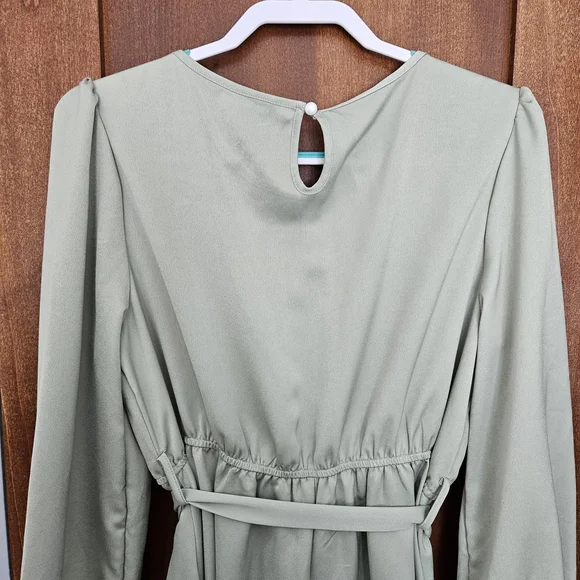 SHEIN Sage Green Long Sleeve Tie-Waist Midi Dress - Picture 4 of 5